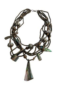 Multi Strand Abalone Shell Necklace Organic Beaded Tribal Boho Statement 16 Inch